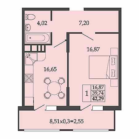 1 комнатная 42.29м²