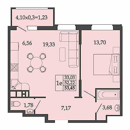 1 комнатная 53.45м²