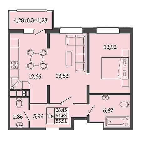 1 комнатная 55.91м²