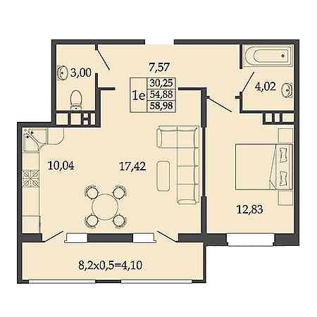 1 комнатная 58.98м²