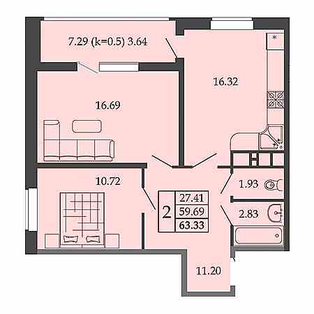 2 комнатная 63.33м²