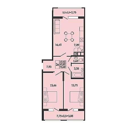 2 комнатная 72.48м²