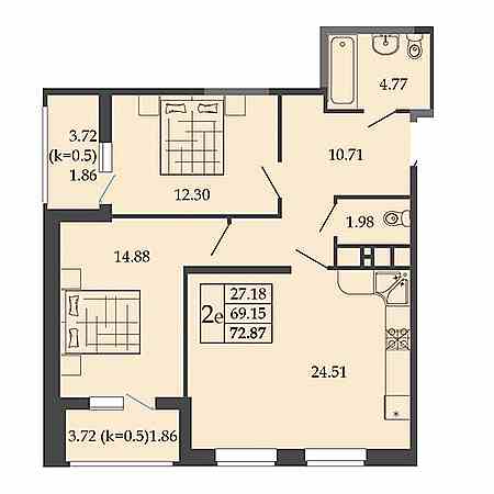 2 комнатная 72.87м²