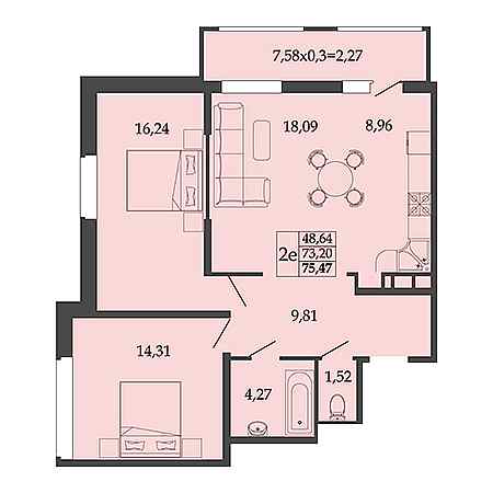 2 комнатная 75.47м²