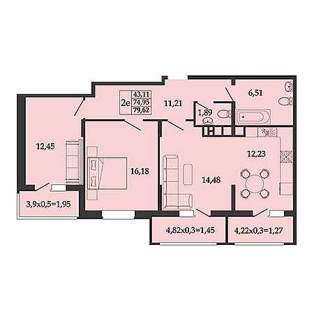 2 комнатная 79.62м²