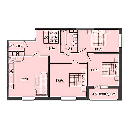 3 комнатная 91.32м²