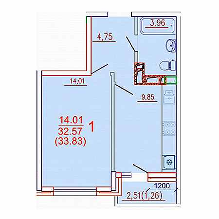 1 комнатная 33.83м²