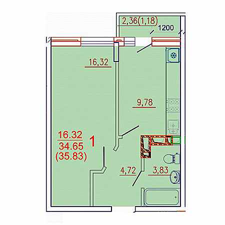 1 комнатная 35.83м²