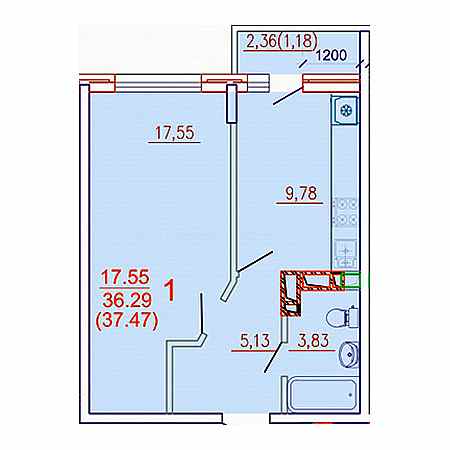 1 комнатная 37.47м²