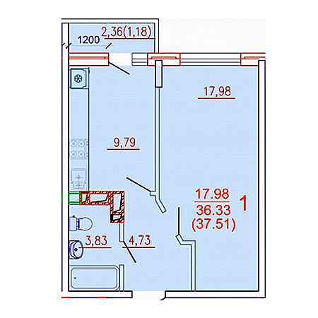 1 комнатная 37.51м²