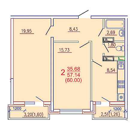 2 комнатная 60м²