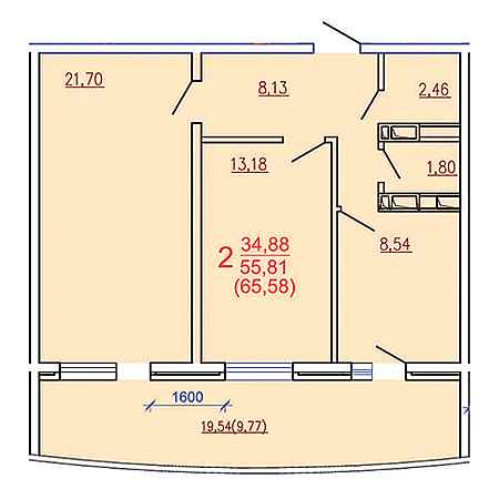 2 комнатная 65.58м²