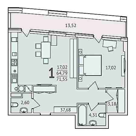 1 комнатная 71.55м²