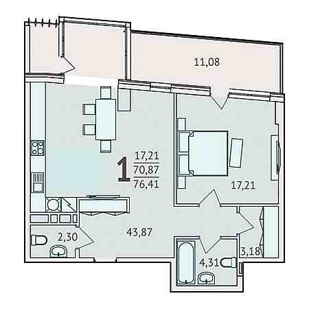 1 комнатная 76.41м²