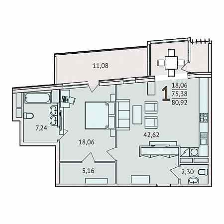 1 комнатная 80.92м²