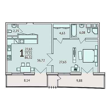 1 комнатная 86.32м²