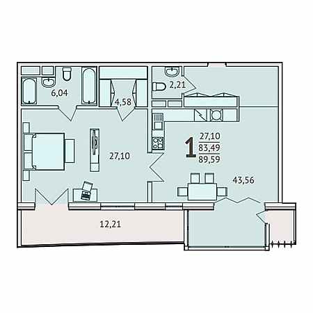 1 комнатная 89.59м²