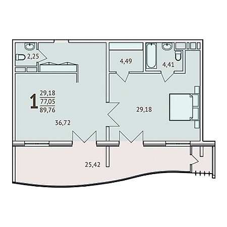 1 комнатная 89.76м²