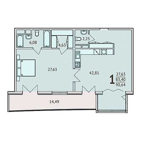 1 комнатная 90.64м²