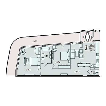 2 комнатная 125.59м²