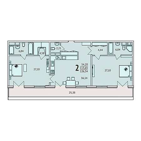 2 комнатная 126.34м²