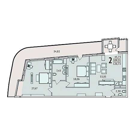 2 комнатная 126.72м²