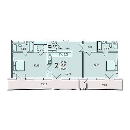 2 комнатная 129.68м²