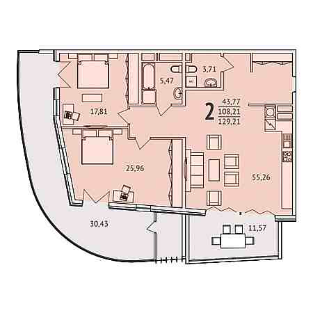 2 комнатная 129.21м²