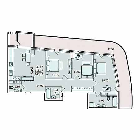 3 комнатная 140.33м²