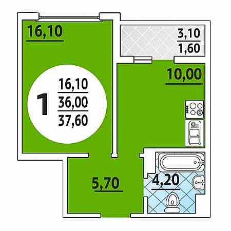 1 комнатная 37.6м²