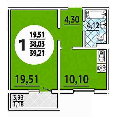 1 комнатная 39.21м²