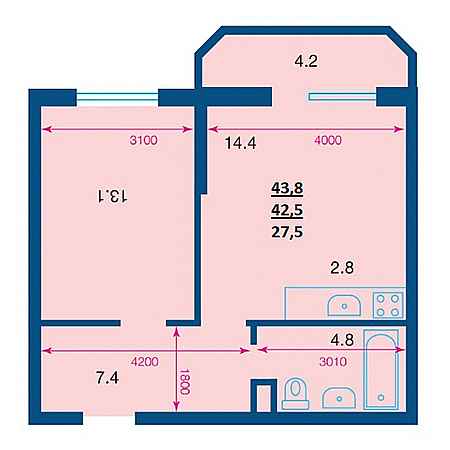 1 комнатная 43.8м²