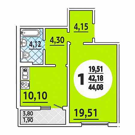 1 комнатная 44.08м²