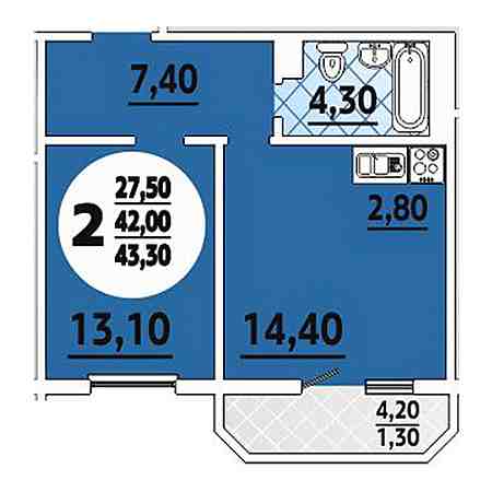 2 комнатная 43.3м²