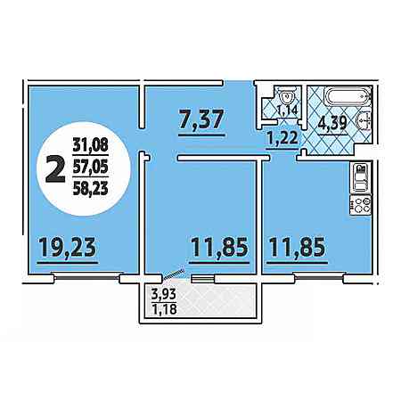 2 комнатная 58.23м²