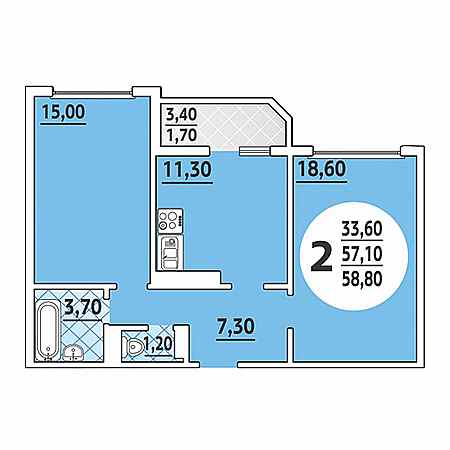 2 комнатная 58.8м²