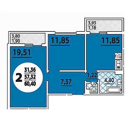 2 комнатная 60.4м²