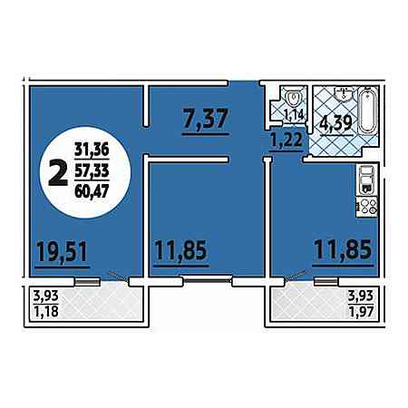 2 комнатная 60.47м²