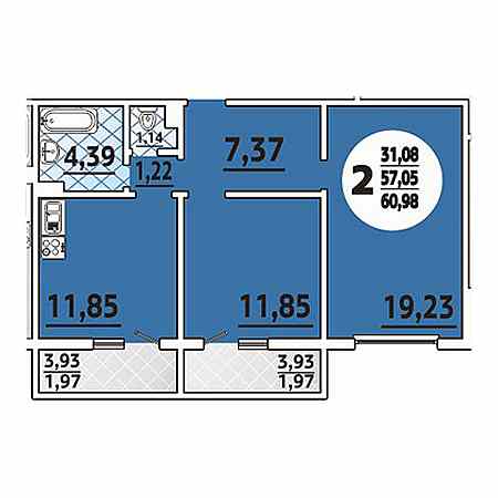 2 комнатная 60.98м²