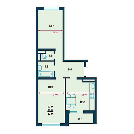 2 комнатная 61.9м²