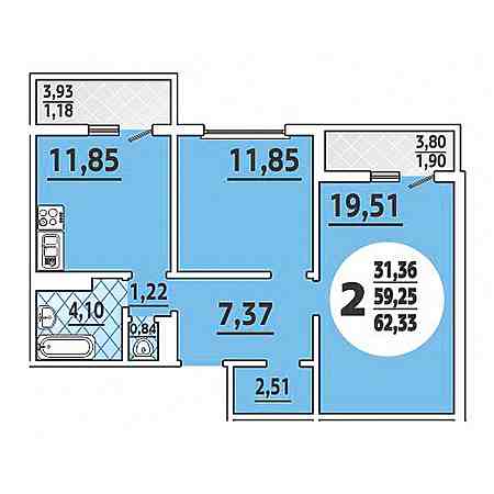 2 комнатная 62.33м²