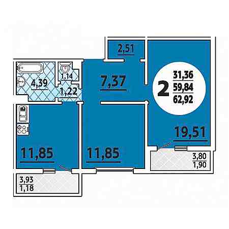 2 комнатная 62.92м²