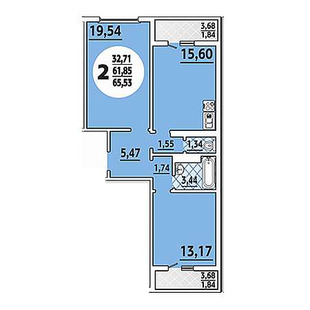 2 комнатная 65.53м²