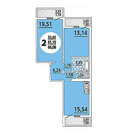 2 комнатная 66.08м²