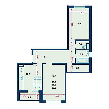 2 комнатная 71.7м²