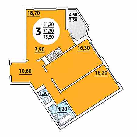 3 комнатная 73.5м²