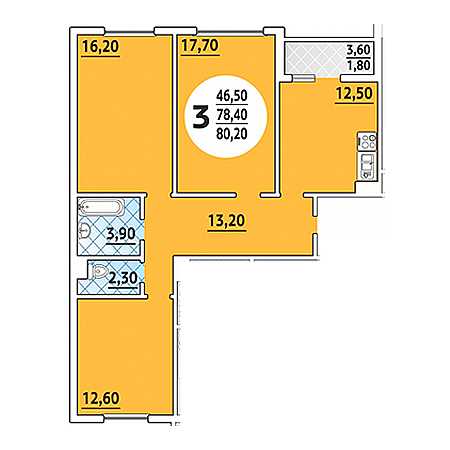 3 комнатная 80.2м²