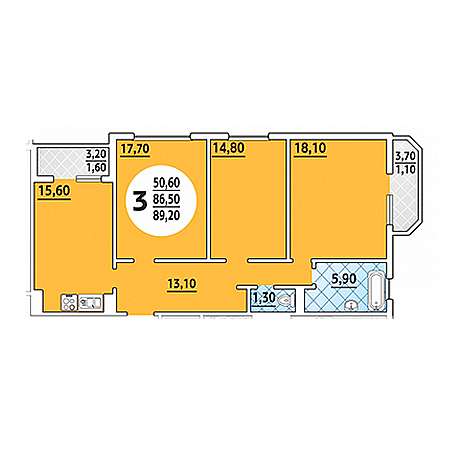 3 комнатная 89.2м²