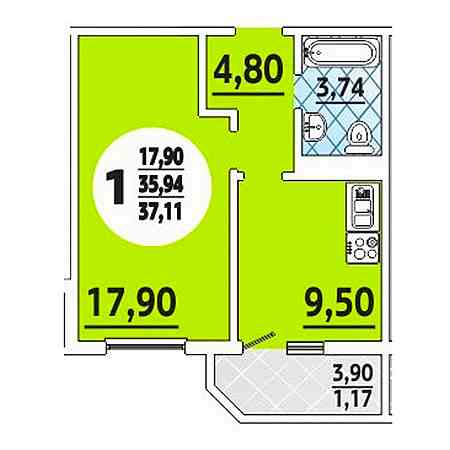 1 комнатная 37.11м²