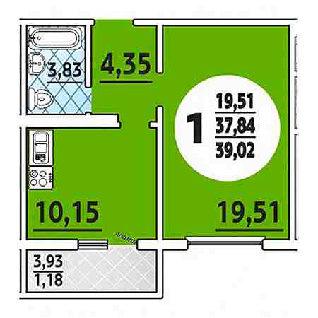 1 комнатная 39.02м²